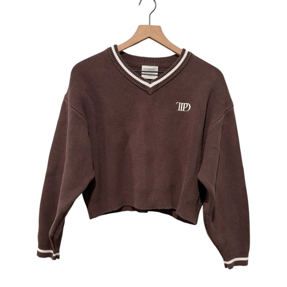 Taylor Swift Tortured Poets Department TTPD V-Neck Brown Cropped Sweater XS